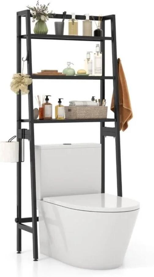 Furnibella -Zwarte vrijstaande toiletplank – Badkamerplank met verstelbare planken 65x28x159 cm