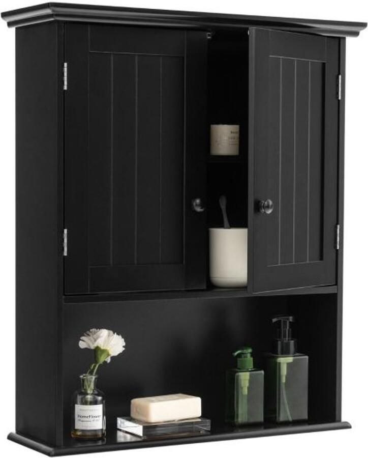 Furnibella -Zwarte wandkast – Medicijnkast met dubbele deur ideaal voor de badkamer