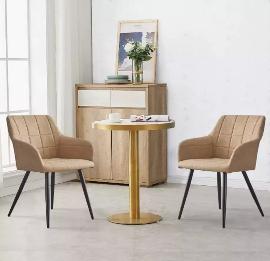 Furnibella furnibemma-Set van 2 keukenstoelen beige kunstleer gestoffeerde accent badstoelen met armleuning bank fauteuil voor thuis restaurant receptie