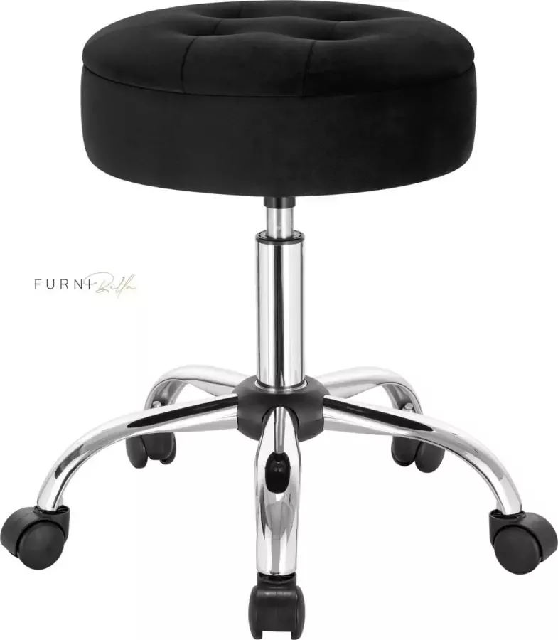 Furnibella hoogte verstelbare bureaustoel werkkruk met 5 wielen kruk met opbergruimte fluwelen en metalen zitkruk staande kruk in slaapkamer of kantoor 48.5-63 cm zwart