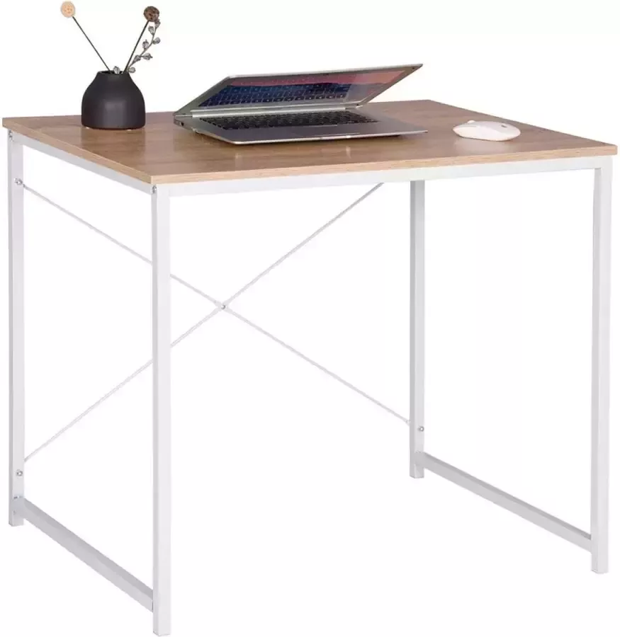 Furnibella Houten bureautafel met ijzeren frame in desktopdesign wit + licht eiken