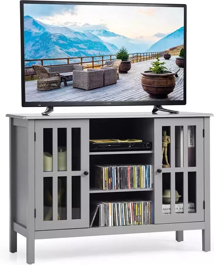Furnibella -Houten TV-meubel lowboard voor TV's tot 50 TV-plank entertainment centrum met 2 deuren en 3 planken woonkamer media console tafel (Grijs)