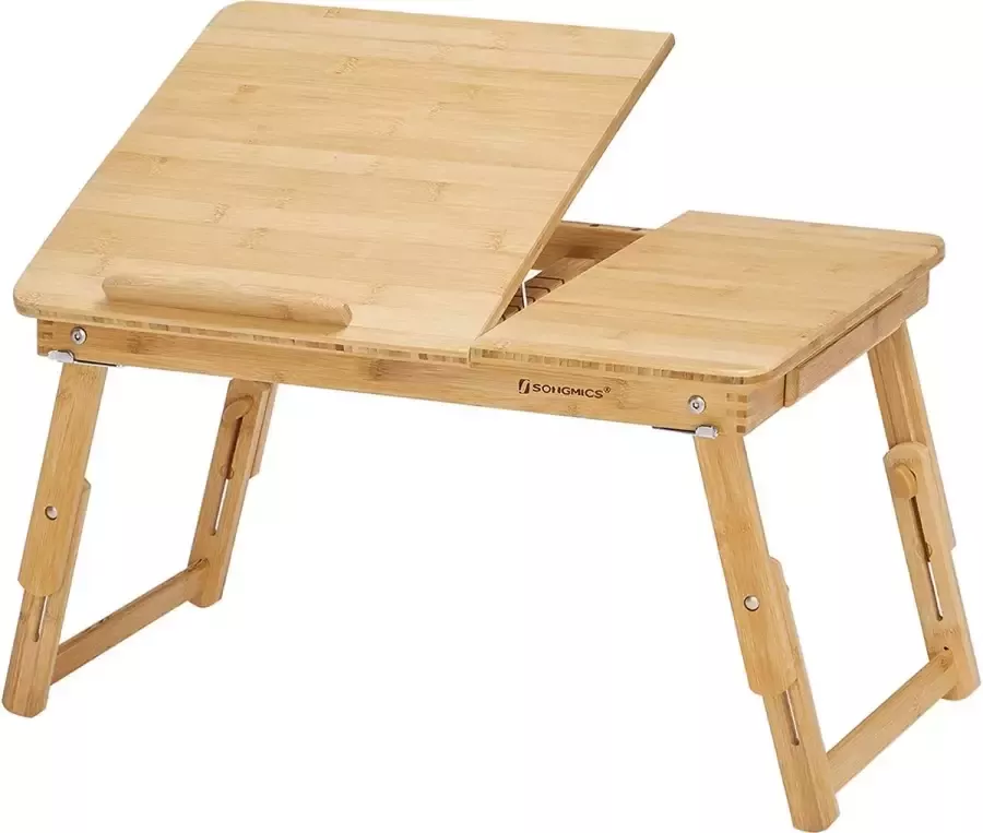 FURNIBELLA In hoogte verstelbare laptoptafel met lade inklapbare laptoptafel van bamboe bedtafel voor lezen of ontbijt en tekentafel 55 x (21-29) x 35 cm LLD01N