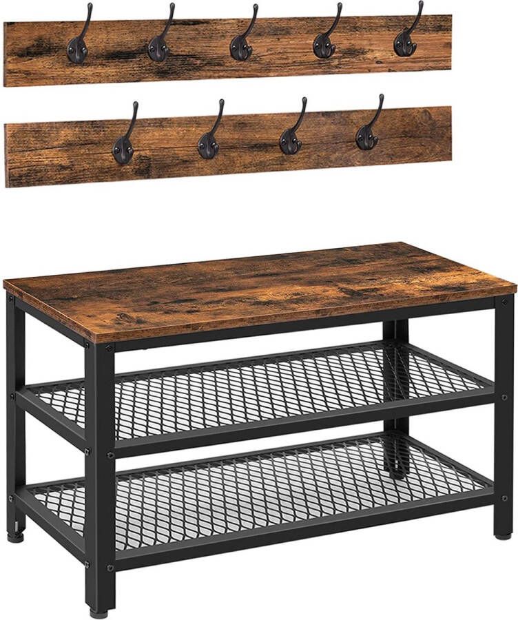 Furnibella Kapstok Schoenbank Set kledingrek met 9 kleerhaken schoenenrek met zitting kapstok met bank veel opbergruimte Stevig metalen frame Industrieel ontwerp vintage bruin-zwart EBF17MT01