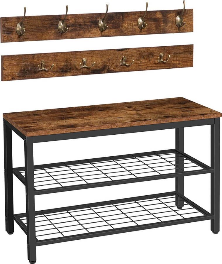 Furnibella kapstok schoenenrek set garderobe met schoenbank schoenenrek met zitting kledingrek met 9 haken bankje 2 rasterplanken ruimtebesparend entryway hal industrieel EBF07MT01