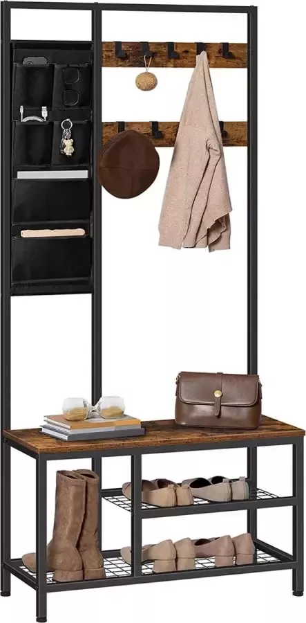 FURNIBELLA Kapstok standaard hal boom met schoenenopbergbank vrijstaande kapstok met 9 afneembare haken niet-geweven opbergzak 80 x 30 x 180 cm entree opbergplank rustiek bruin EBF24MT01