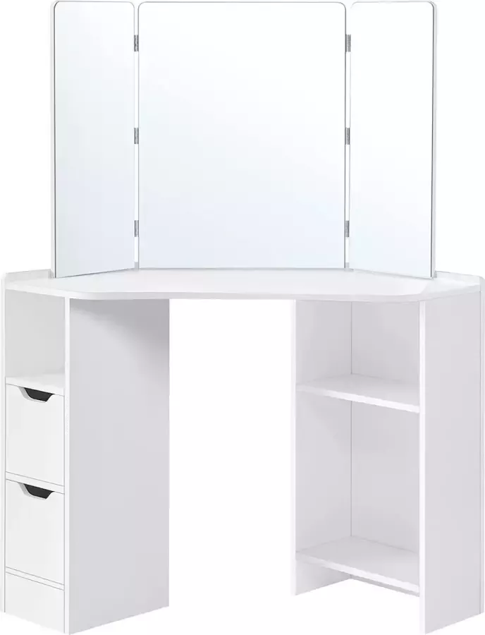 Furnibella kaptafel hoekkaptafel kaptafel cosmeticatafel 3-delige inklapbare spiegel 2 laden 3 open vakken 110 x 54 x 140 cm modern wit RDT121T10