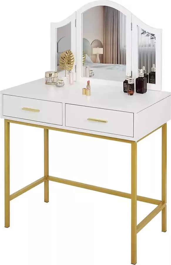 Furnibella kaptafel met 3 spiegels make-uptafel met 2 grote laden opvouwbare make-upspiegel 80 x 40 x 125 cm wit + goud
