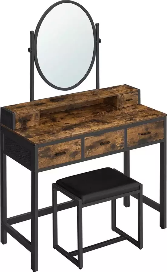 Furnibella kaptafel met kruk cosmetische tafel met ovale spiegel en open vak lades industrieel design voor slaapkamers kleedkamers vintage bruin-zwart