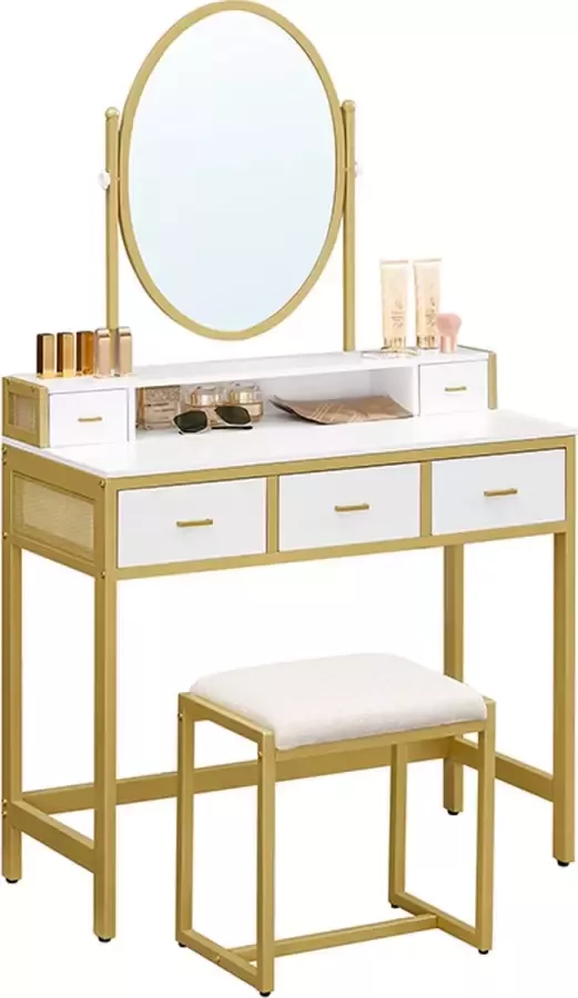 Furnibella kaptafel met kruk cosmetische tafel met ovale spiegel en open vak lades modern voor slaapkamers kleedkamers wit en goudkleurig