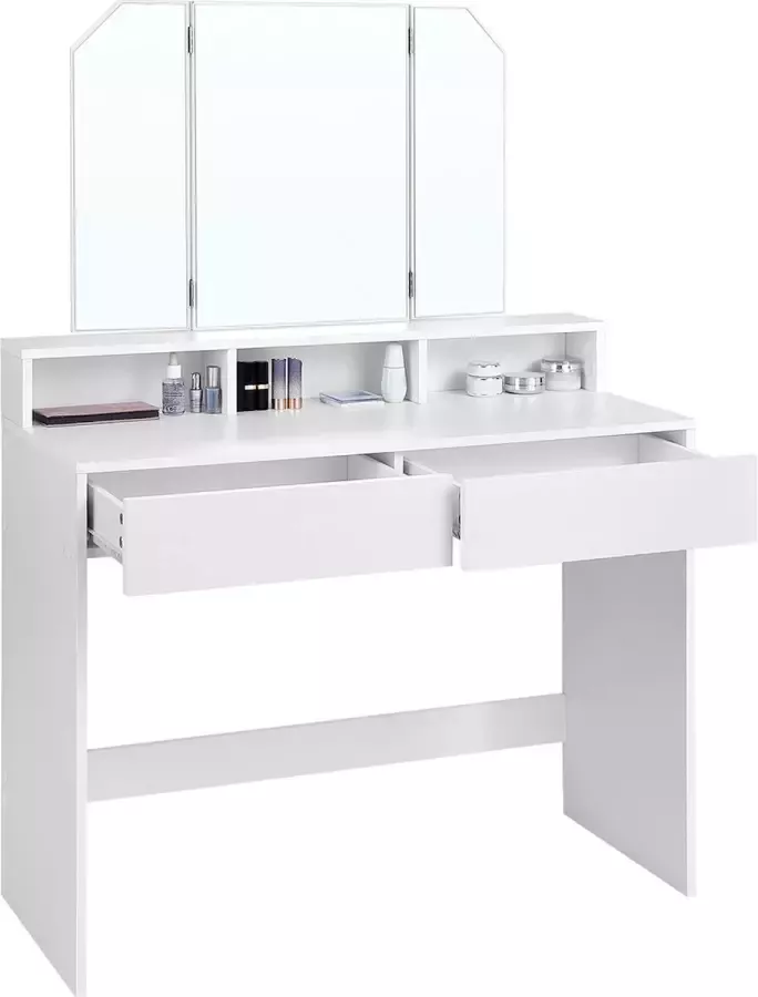 Furnibella kaptafel met opklapbare spiegel en 2 lades make-uptafel met 3 open vakken kaptafel voor make-up modern wit