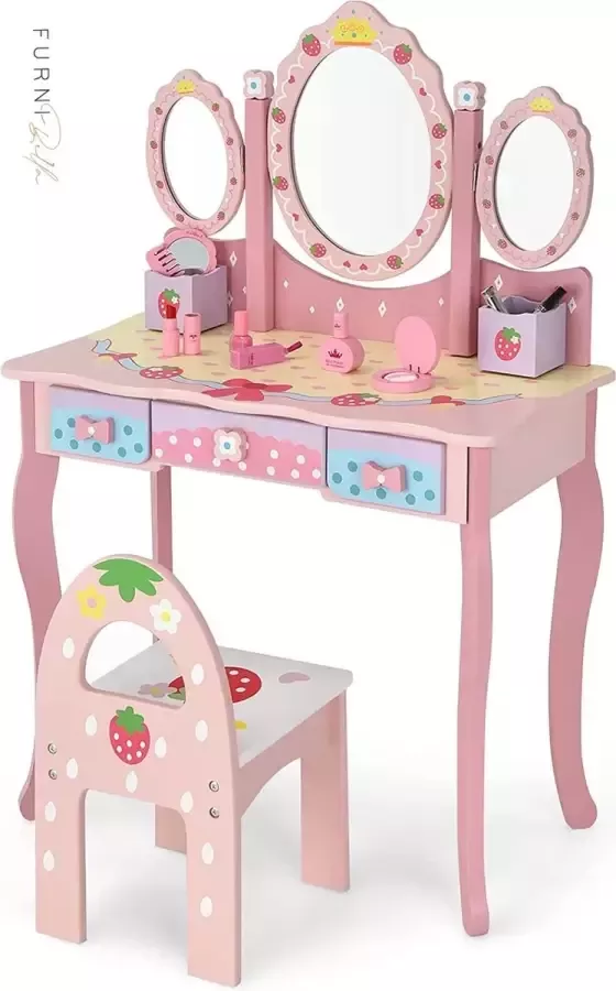 Furnibella Kaptafel voor kinderen met drievoudige spiegel kinder kaptafel en stoel met 3 lades 2 opbergdozen meisjes make-up tafel met krukje voor kinderen (Roze)