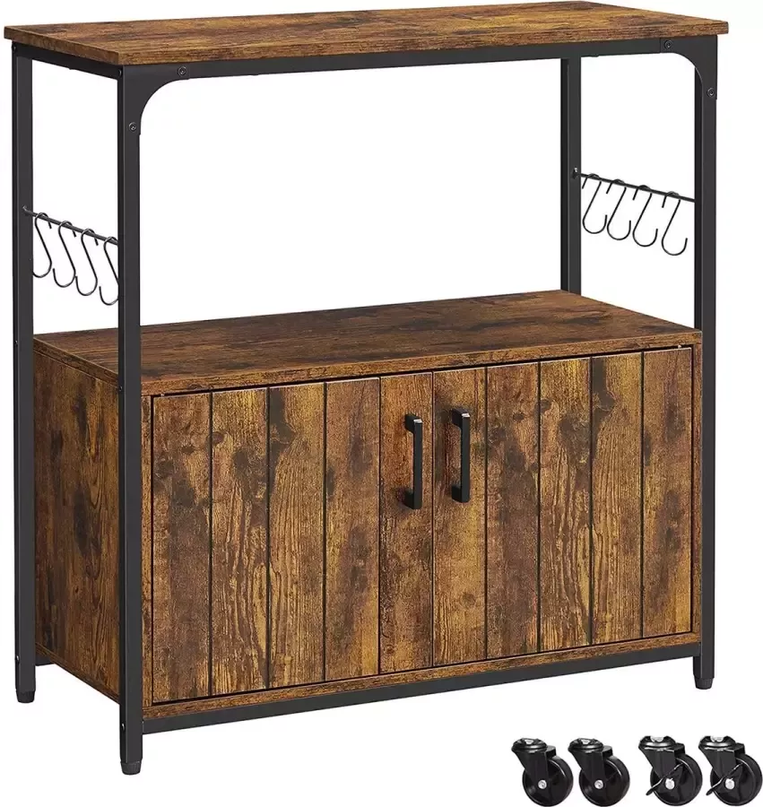 Furnibella keukenkast met wielen dressoir met deuren 8 haken opbergkast kast met opbergruimte voor eetkamer woonkamer keuken vintage bruin-zwart LSC093B01
