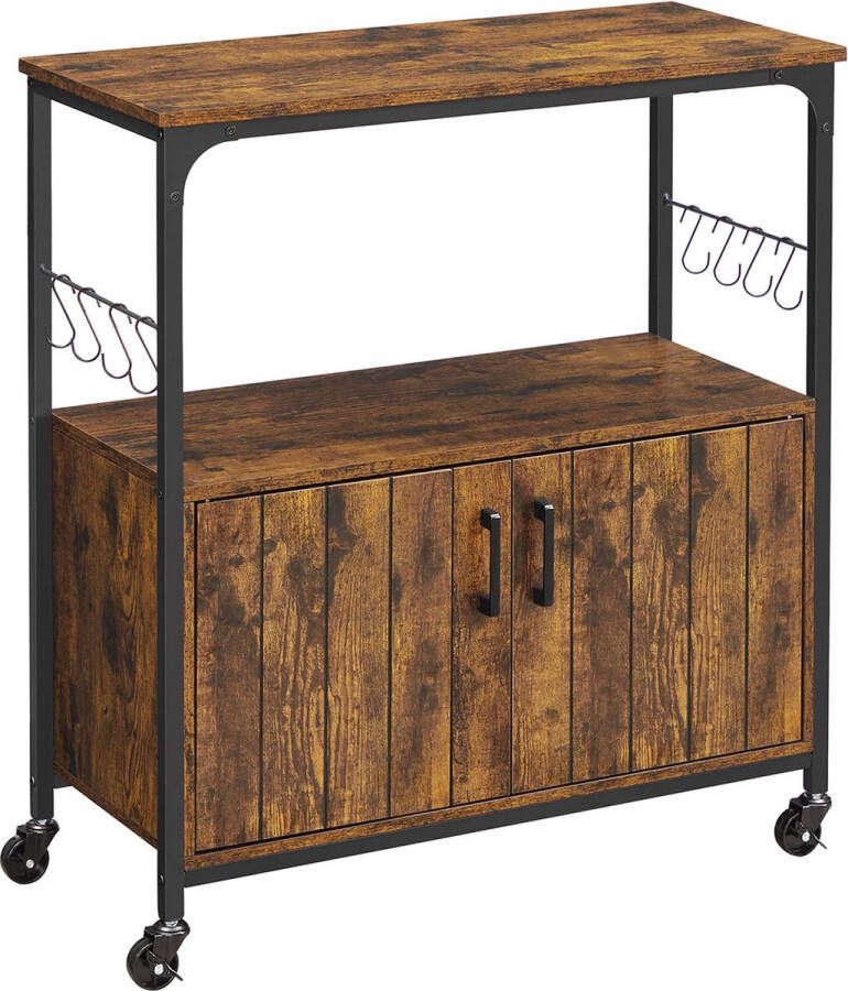 Furnibella keukenplank keukeneiland met wielen serveerwagen keukenkast met deuren keukenwagen trolley 8 haken voor eetkamer woonkamer keuken vintage bruin-zwart LSC093B01