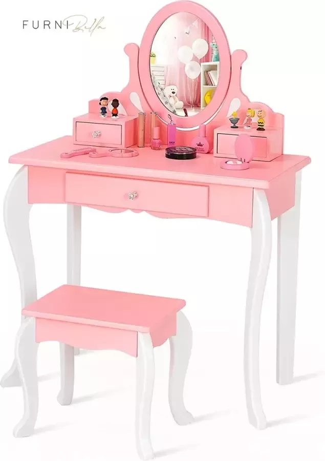 Furnibella Kinderen kaptafel & kruk set houten kleine prinses make-up tafel met 360 ° draaibare spiegel & 3 laden multifunctionele kaptafel set met afneembare bovenkant (Roze)