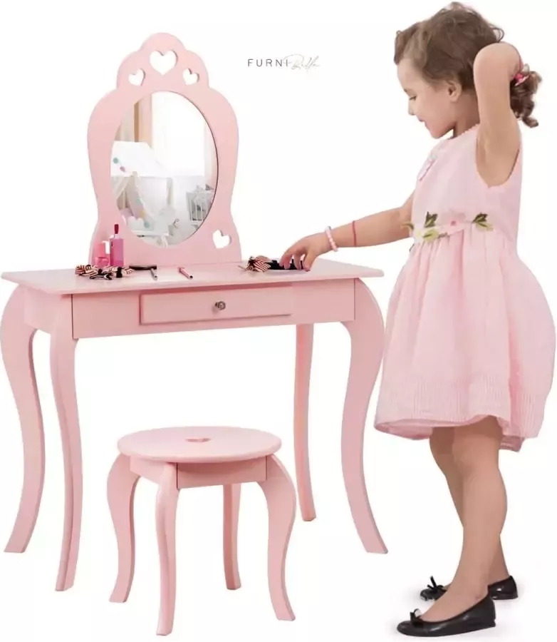 Furnibella Kinderen kaptafel en stoel set prinses make-up kaptafel met lade en spiegel 2-in-1 make-up tafel set met afneembare bovenkant doen alsof schoonheid spelen ijdelheid set voor meisjes (Roze)