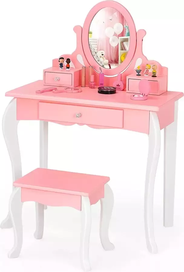 Furnibella kinderkaptafel met kruk prinsessenkaptafel met 3 lades en 360° draaibare spiegel roze kaptafel voor meisjes
