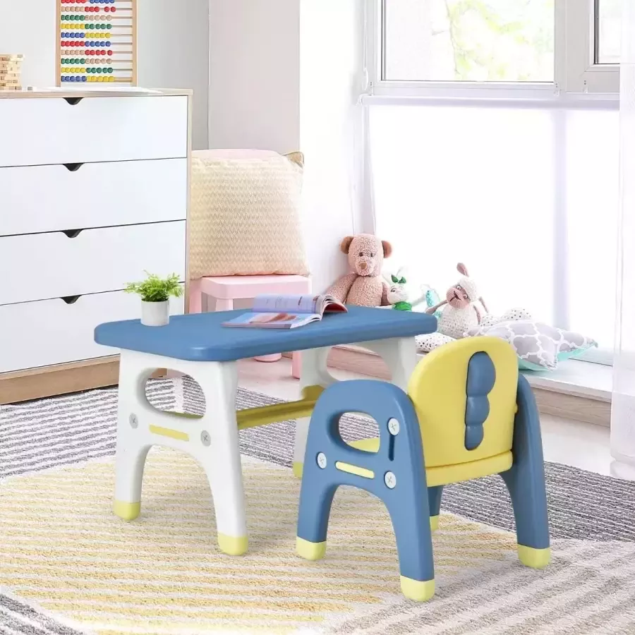 Furnibella kindertafel en stoelset met dinosaurusdecor Bouwspeelgoed Kunststof opbergvak Blauw+geel