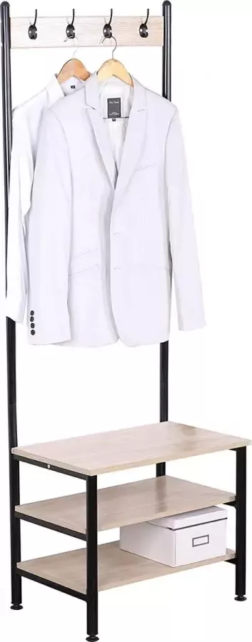 Furnibella Kledingrek kapstokhaken met Schoenenrek en 4 haken Kapstok in spaanplaat Zwart+lichteiken