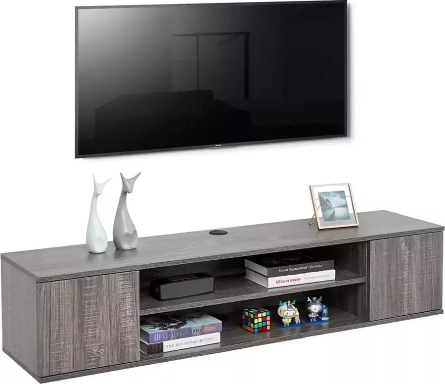 Furnibella Lowboard Hangend TV-meubel Wandmontage Hout met 2 planken 2 deuren 140 x 32 x 30 cm voor TV 55 50 43 32 inch en lager Grijs
