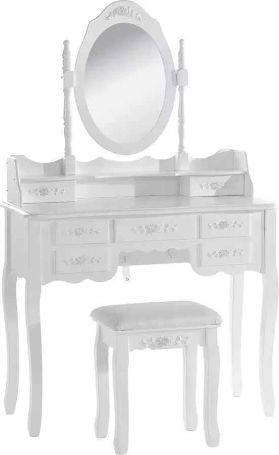 Furnibella Make-up tafel kaptafel 90x144 5x40cm met 7 lades et 1 spiegel Cosmetische tafel stijl Barok in MDF Wit
