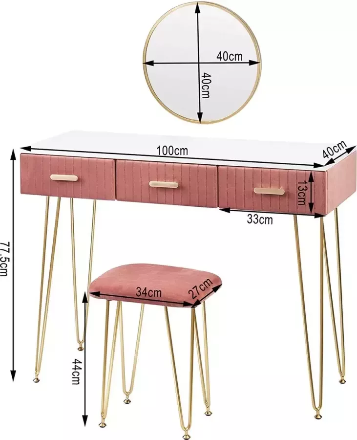 Furnibella Make-uptafel met kruk spiegel kaptafel met laden groot tafelblad 100 x 40 cm moderne make-uptafel voor slaapkamer roze
