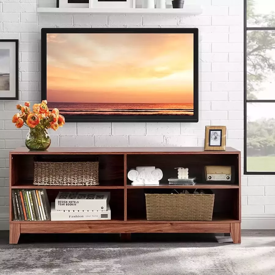 Furnibella Moderne houten TV-meubel breed media console kast voor TV tot 60 thuis woonkamer meubilair TV-lowboard grote opslagruimte met 4 open planken televisie standaard (Bruin)