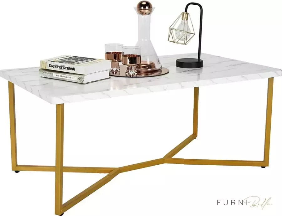 Furnibella Moderne salontafel luxe koffietafel met kunstmarmer tafelblad & gouden Y-vormige poten & verstelbare voetdoppen rechthoekige cocktailtafel voor woonkamer kantoor loungeruimte 107 x 60 x 45 5 cm (Wit)