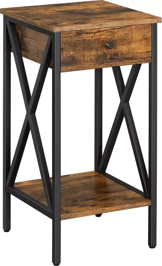 Furnibella Nachtkastje bijzettafeltje hoog met een lade en 2 planken industriële stijl vintage bruin-zwart LET501B01
