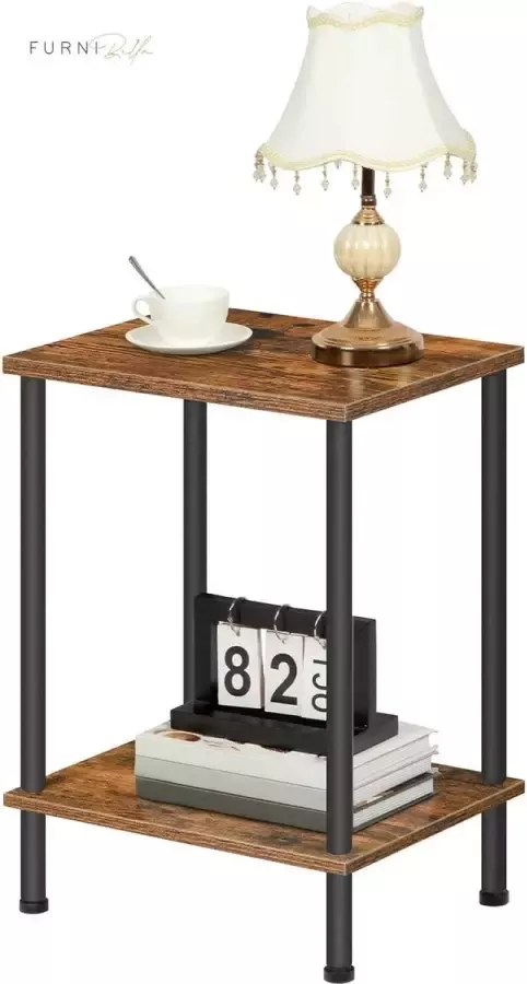 Furnibella nachtkastje in industriële stijl set van 2-laags banktafel nachtkastje met plank voor opslag stevig en stabiel eenvoudige montage rustiek bruin EBF09BZP201