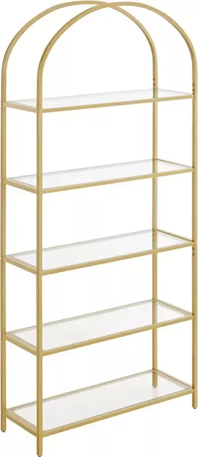 FURNIBELLA plank 5 niveaus boekenkast gehard glas staand rek opbergplank gebogen metalen structuur voor woonkamer slaapkamer studeerbadkamer gouden kleur