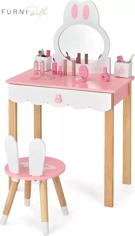 Furnibella Princess kaptafel en stoel kinder kaptafel met spiegel lades opbergdoos meisjes make-up tafel set voor kinderen peuters (Roze)