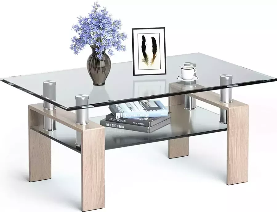 Furnibella Rechthoekige glazen salontafel moderne koffietafel met lage plank gelaagde opslagruimte getemperd glas tafelblad roestvrij stalen buis ijzeren been gemakkelijk schoon te maken salontafel voor kantoor of woonkamer (Natuurlijk)