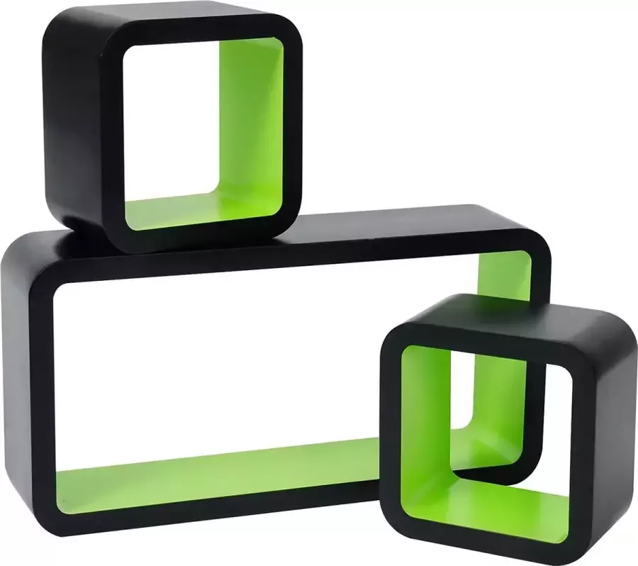 Furnibella RG9248gn wandrek Cube plank set van 3 kubusrekken hangrek zwart-groen