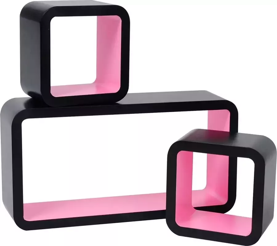 Furnibella RG9248rs wandrek Cube plank set van 3 kubusrekken hangrek zwart-roze