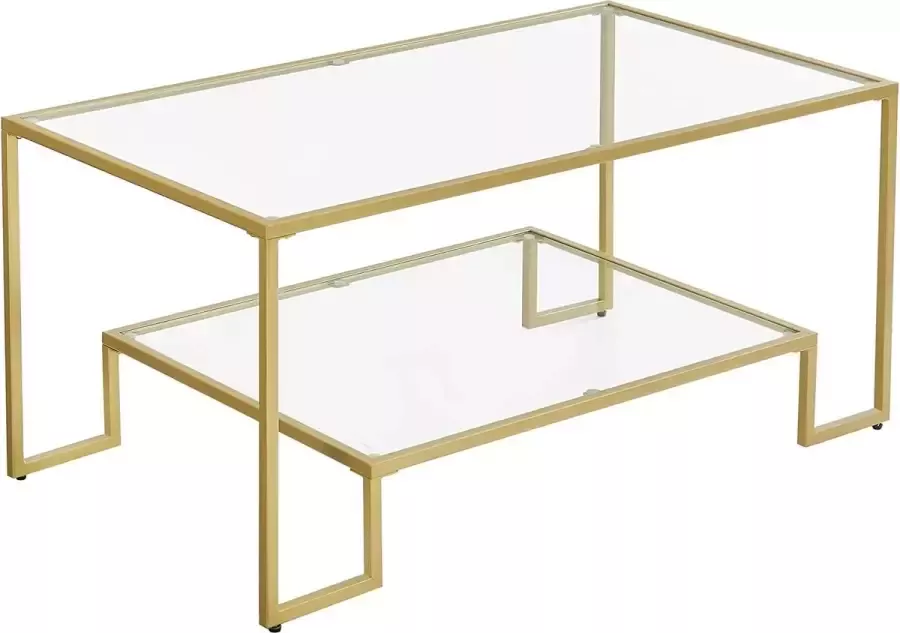 Furnibella salontafel glazen tafel woonkamertafel 2 planken van gehard glas stalen frame 100 x 55 x 45 cm decoratie voor woonkamer goud