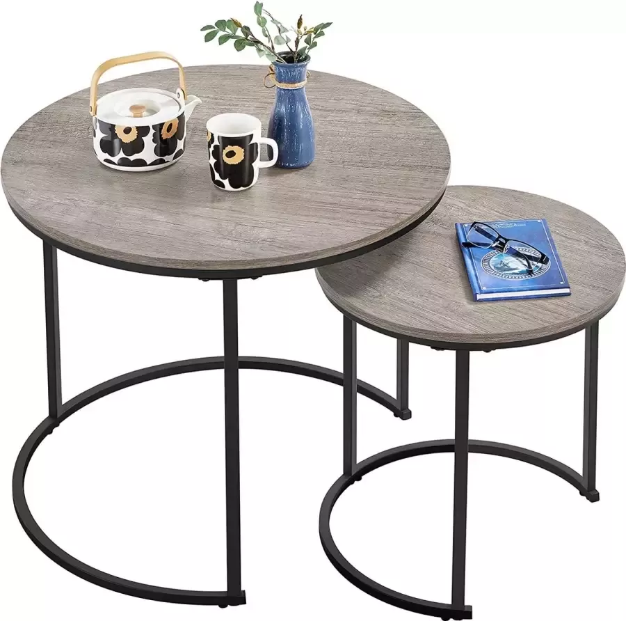 Furnibella salontafel set van 2 woonkamertafel ronde bijzettafel met metalen frame moderne salontafel eettafels voor woonkamer grijs hout
