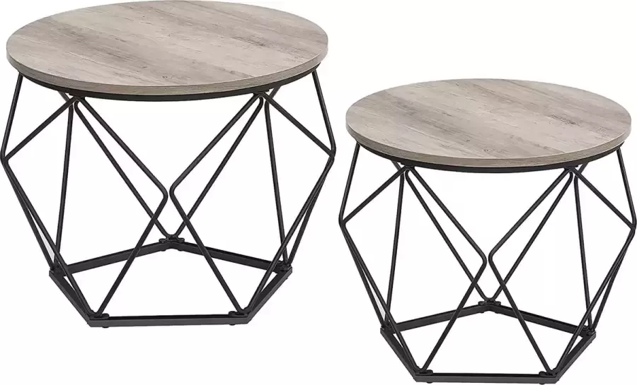 Furnibella Salontafels set van 2 bijzettafels met mandfunctie gedekte tafel geometrisch decoratief stalen frame voor woonkamer slaapkamer grijs-zwart