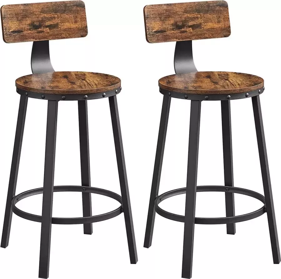 FURNIBELLA set van 2 barstoelen hoge krukken met rugleuning keukenstoel stalen frame eenvoudige montage 62 5 cm hoge stoel industriële stijl rustiek bruin en zwart LBC076B01