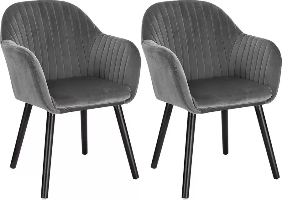 Furnibella Set van 2 Eetkamerstoelen met leuning in Fluweel Modern stoel Keukenstoelen Donkergrijs+Zwart BH259dgr-2