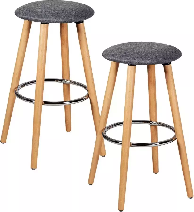 Furnibella set van 2 massief houten poot gestoffeerde barkrukken met grijze metalen voetensteun