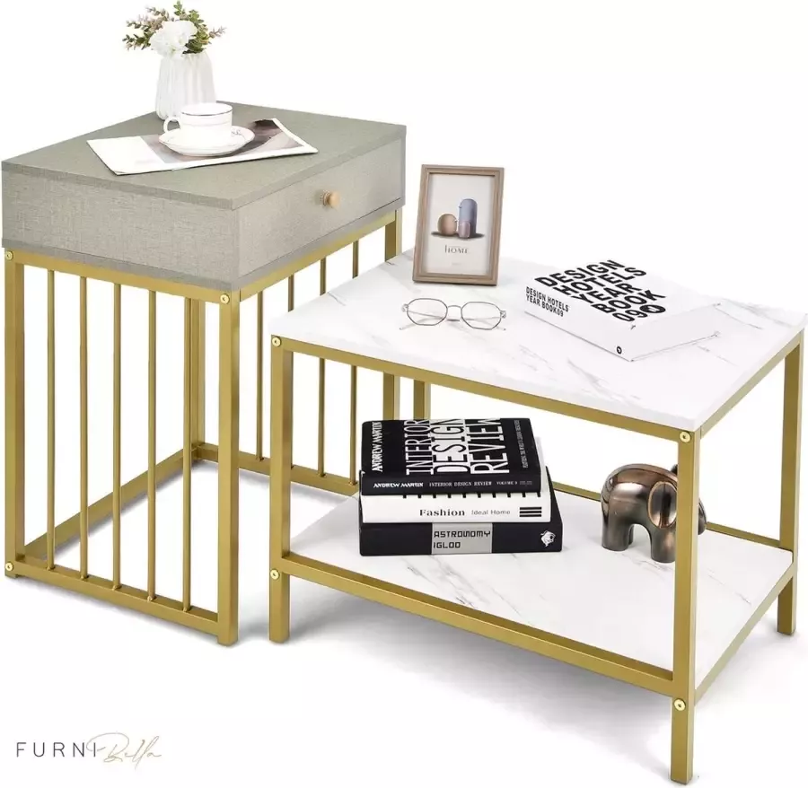 Furnibella Set van 2 salontafel met marmerlook bijzettafel met goudkleurige metalen poten koffietafels modern voor woonkamer en slaapkamer wit en grijs