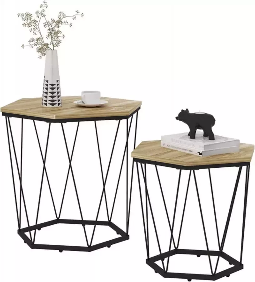 Furnibella Set van 2 salontafels bijzettafels met opbergruimte zeshoekig gemaakt van parket metaal zwart + licht eiken
