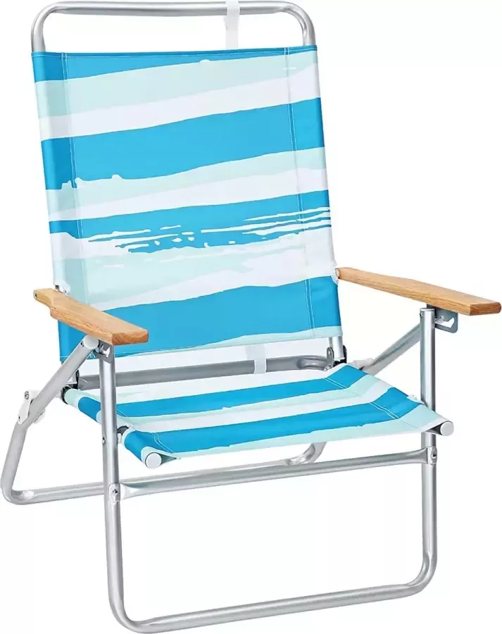 Furnibella SONGMICS strandstoel campingstoel hoge rugleuning verstelbaar in 3 standen gemakkelijk te vervoeren klapstoel houten armleuningen tot 150 kg draagvermogen blauw-groen-wit gestreept GCB66UW