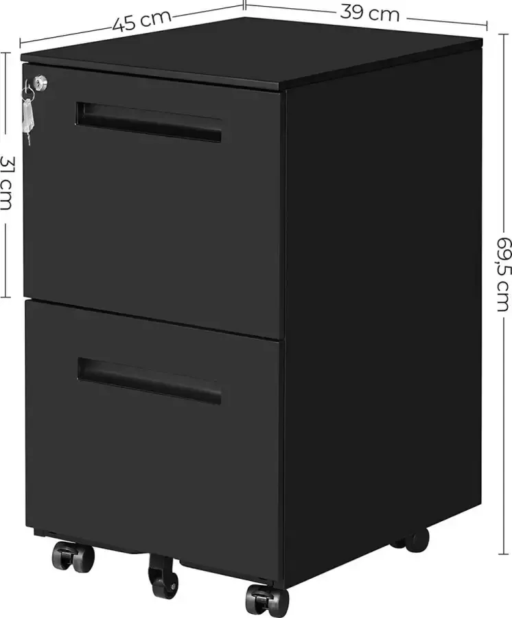 Furnibella SONGMICS verrijdbaar onderstel verrijdbare archiefkast met 2 laden afsluitbaar voor kantoordocumenten voorgemonteerd 39 x 45 x 69 5 cm (L x B x H) matzwart OFC52BK