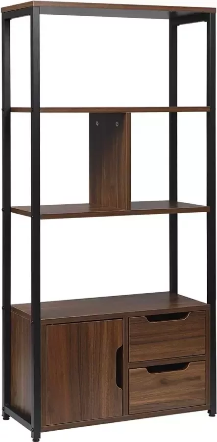 Furnibella Staande rek boekenkast keukenrek bureaurek schoenenrek ijzeren frame plank met kast en schuifladen voor kantoor woonkamer MDF-metaal 58 x 24 x 120 cm donker beuken