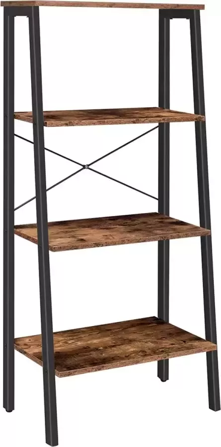 Furnibella Stand Ladderplank 4-laags boekenplank stabiel opbergrek plantenbloemenstandaard industriële rekken metalen frame voor studeerkamer woonkamer slaapkamer rustiek bruin EBF40CJ01