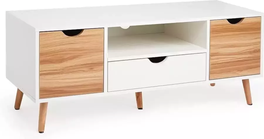 Furnibella tv-meubel tv-bord met 2 planken 1 lade 1 plank Scandinavische stijl voor je woonkamer slaapkamer 110 x 40 x 45 cm wit en eiken