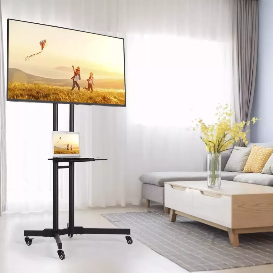 Furnibella Universele TV vloerstandaard TV staander voor 32-65 inch mobiele TV standaard TV trolley op wielen in hoogte verstelbaar draaibaar met beugel max. VESA 600x400 mm tot 50 kg