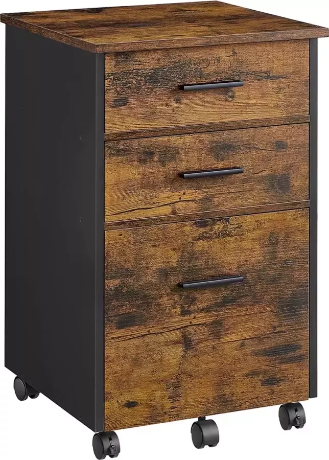 Furnibella verrijdbare ladeblok archiefkast kantoorkast met 3 laden waarvan 2 van stof 1 lade van spaanplaat met wieltjes voor kantoor studeerkamer slaapkamer vintage bruin-zwart OFC046B01